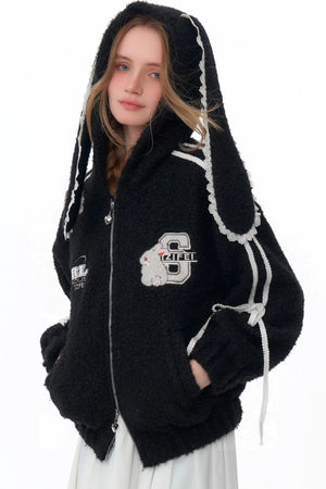 Rabbit Ears Hooded Black Tweed Jacket