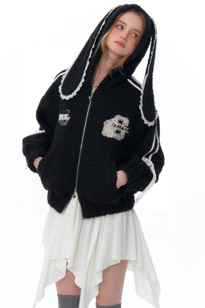 Rabbit Ears Hooded Black Tweed Jacket
