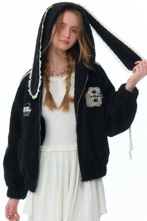Rabbit Ears Hooded Black Tweed Jacket