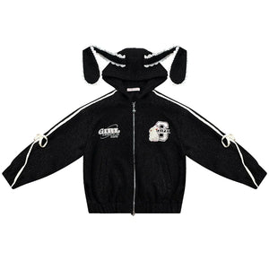 Rabbit Ears Hooded Black Tweed Jacket