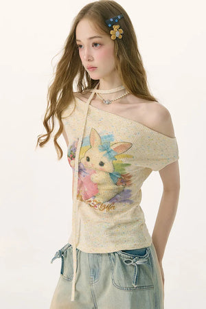 Rainbow Rabbit Off-Shoulder Knit T-Shirt