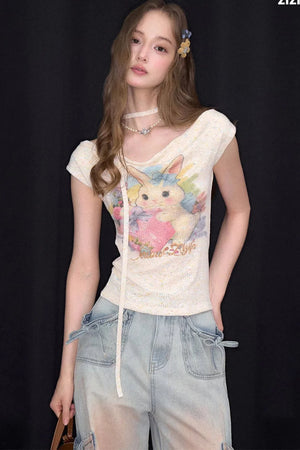 Rainbow Rabbit Off-Shoulder Knit T-Shirt