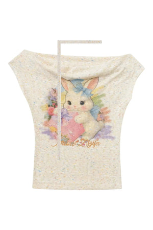 Rainbow Rabbit Off-Shoulder Knit T-Shirt