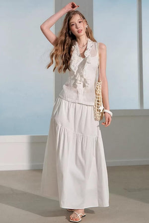 Ramie Ruffle Vest Skirt Suit Set-Up