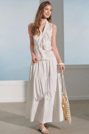 Ramie Ruffle Vest Skirt Suit Set-Up