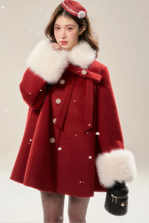 Red Faux Fur Trim Cape Coat