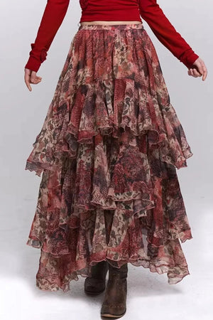 Red Floral Tiered Skirt