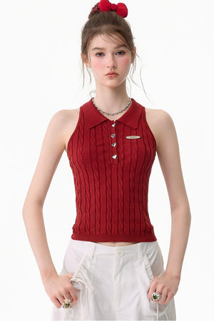 Red Knit Polo Collar Tank Top