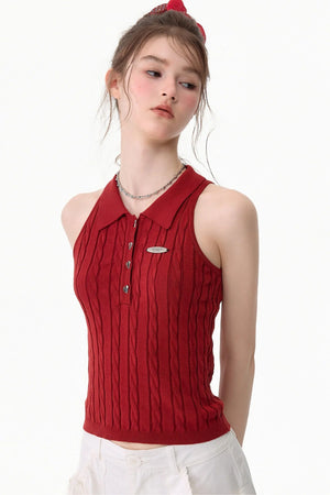 Red Knit Polo Collar Tank Top
