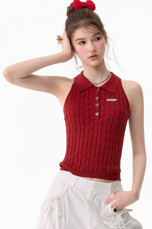 Red Knit Polo Collar Tank Top