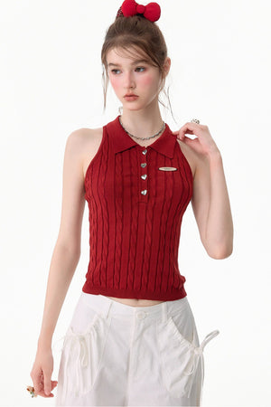 Red Knit Polo Collar Tank Top