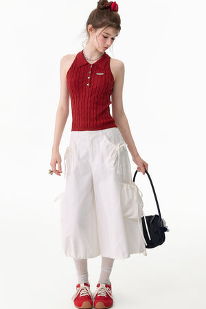 Red Knit Polo Collar Tank Top