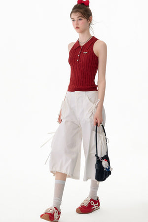 Red Knit Polo Collar Tank Top