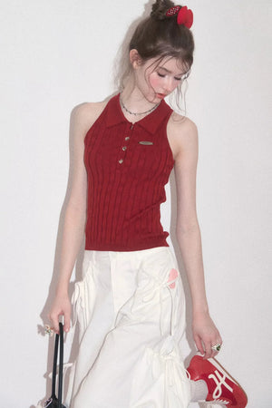 Red Knit Polo Collar Tank Top