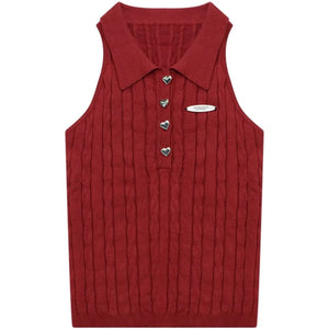 Red Knit Polo Collar Tank Top