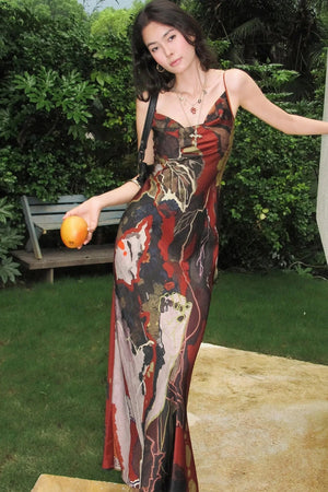 Red Oil Painting Satin Cowl Neck Dress