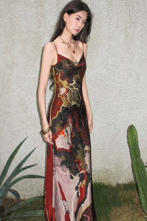 Red Oil Painting Satin Cowl Neck Dress