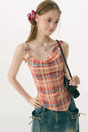 Red Plaid Bowknot Tank Top