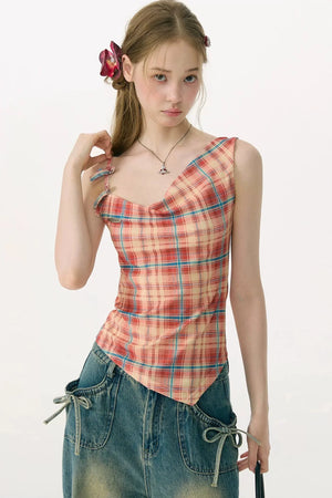 Red Plaid Bowknot Tank Top