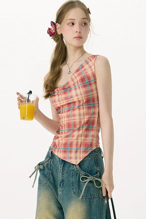 Red Plaid Bowknot Tank Top