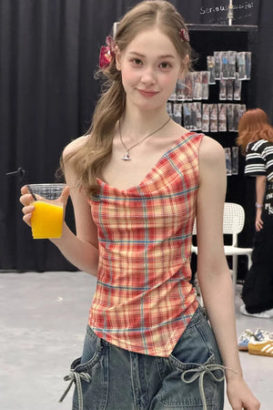 Red Plaid Bowknot Tank Top