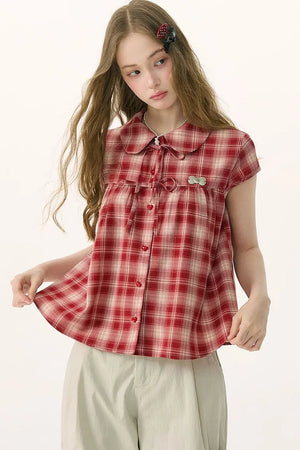 Red Plaid Doll Collar Shirt
