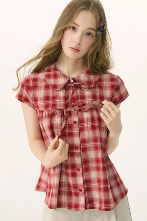 Red Plaid Doll Collar Shirt