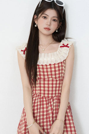 Red Plaid Sleeveless Ruffle Dress