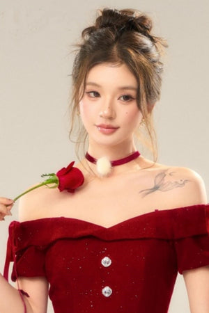 Red Velvet Pom-Pom Necklace