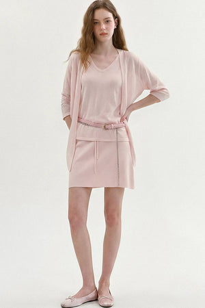 Relaxed Knit Vest Cardigan Skirt Set-Up