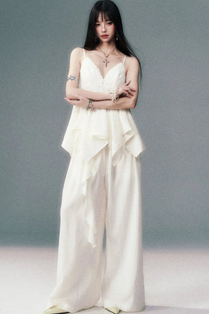 Relaxed V-Neck Camisole And Wide-Leg Pants Set-Up
