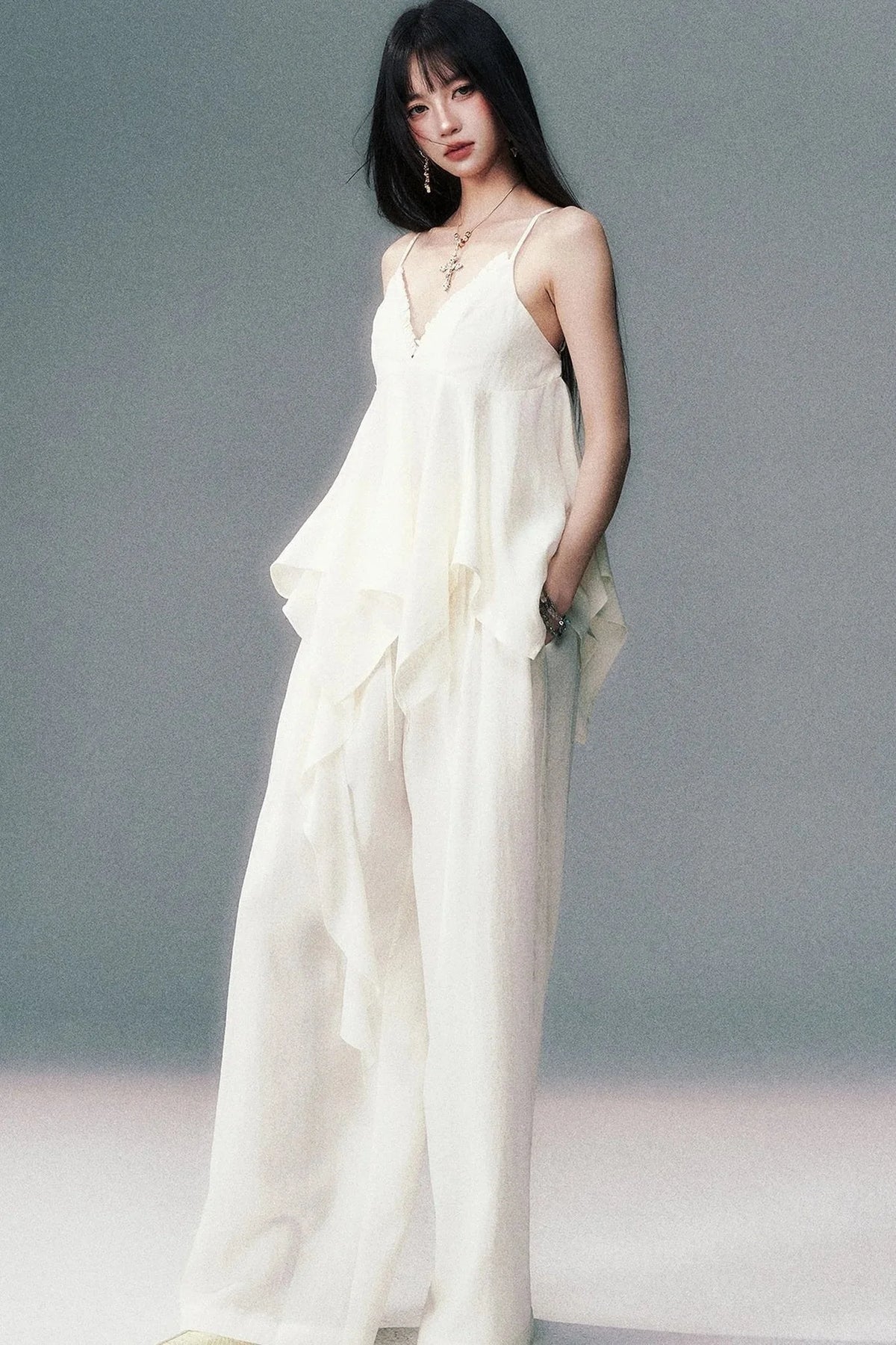 Relaxed V-Neck Camisole And Wide-Leg Pants Set-Up