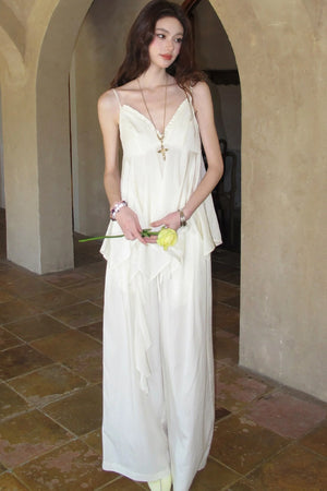 Relaxed V-Neck Camisole And Wide-Leg Pants Set-Up
