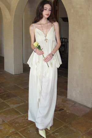 Relaxed V-Neck Camisole And Wide-Leg Pants Set-Up