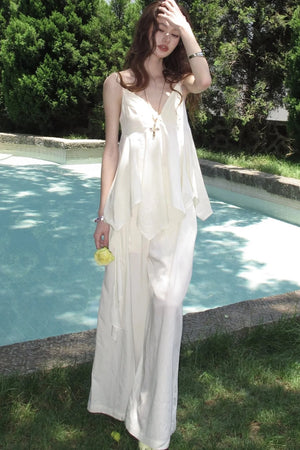 Relaxed V-Neck Camisole And Wide-Leg Pants Set-Up