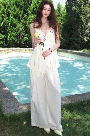 Relaxed V-Neck Camisole And Wide-Leg Pants Set-Up