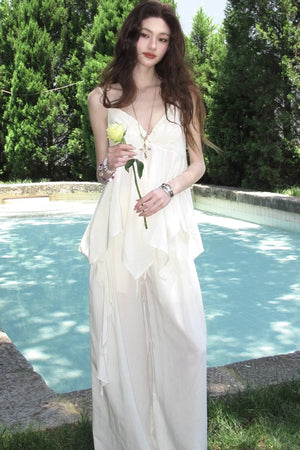 Relaxed V-Neck Camisole And Wide-Leg Pants Set-Up
