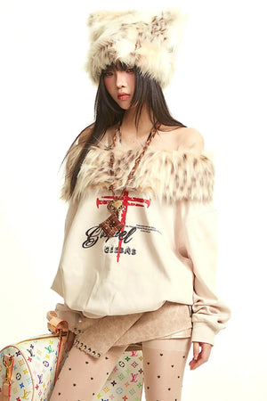 Retro Apricot Fur Collar Sweatshirt