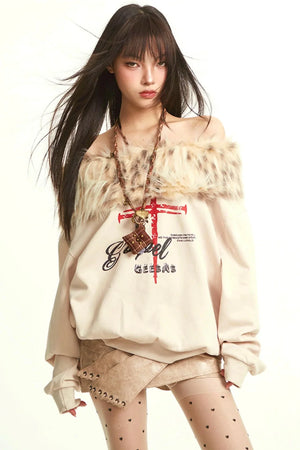 Retro Apricot Fur Collar Sweatshirt