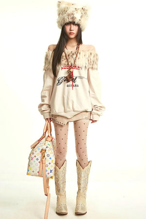 Retro Apricot Fur Collar Sweatshirt