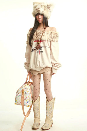 Retro Apricot Fur Collar Sweatshirt