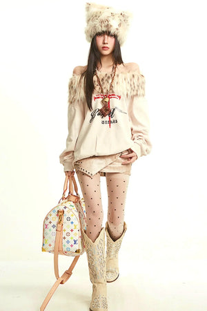 Retro Apricot Fur Collar Sweatshirt