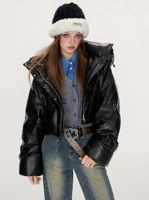 Retro biker style hooded warm leather jacket