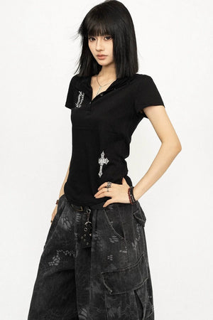 Retro Black Printed Hooded Top