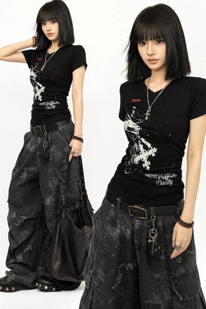 Retro Black V-Neck Top