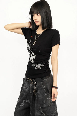 Retro Black V-Neck Top