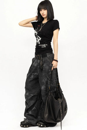 Retro Black V-Neck Top