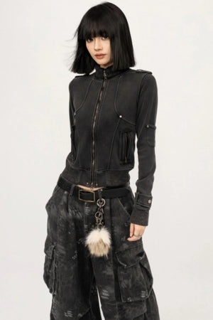 Retro Black Zipper Cardigan