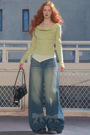 Retro Bow Design High-Waisted Denim Pants