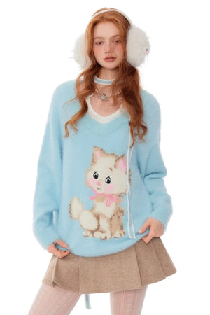 Retro Cat Plush V-Neck Sweater